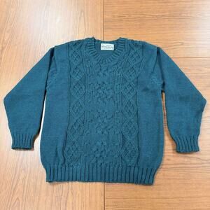 Vintage Teal Green Cable Knit V-Neck Unisex Sweater Handmade Peru Alpaca Wool OS